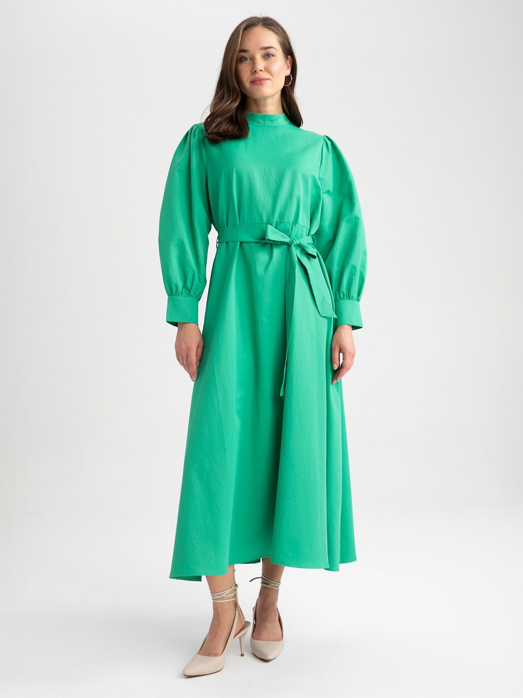 

DeFacto Mock Collar Cuffed Sleeves Waist Tie -Ups A -Line Midi Dress, Green