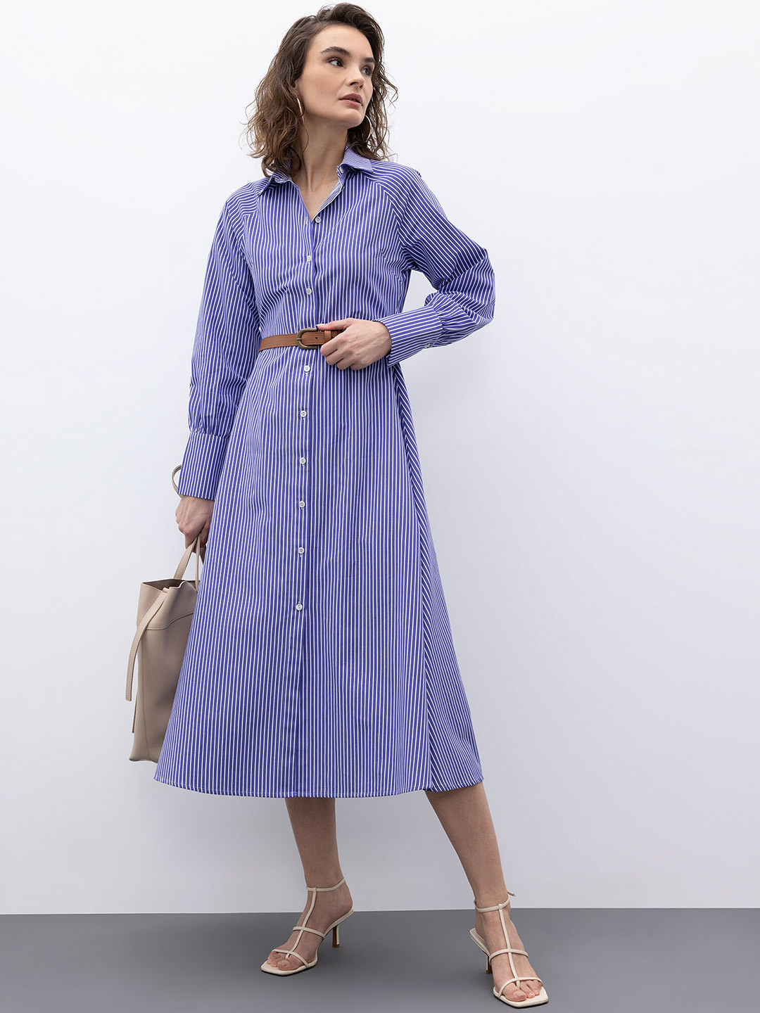 

DeFacto Striped Shirt Collar Cuffed Sleeves Midi Pure Cotton Shirt Dress With Belt, Blue