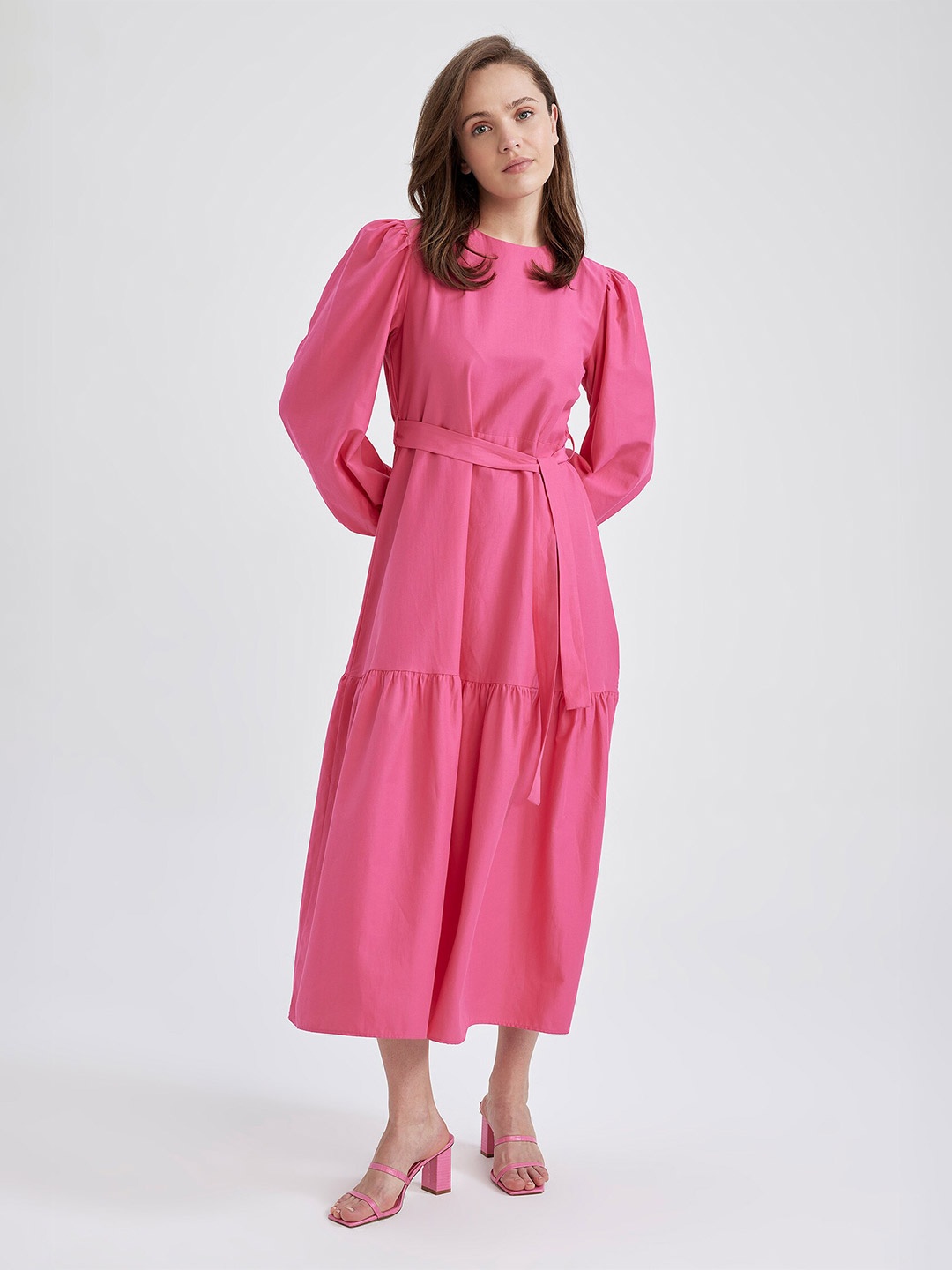 

DeFacto Puff Sleeves Waist Tie -Ups Tiered A-Line Midi Dress, Pink