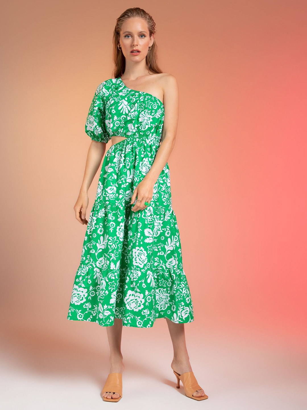 

DeFacto Floral Printed One Shoulder Cut -Out Midi Pure Cotton A-Line Dress, Green