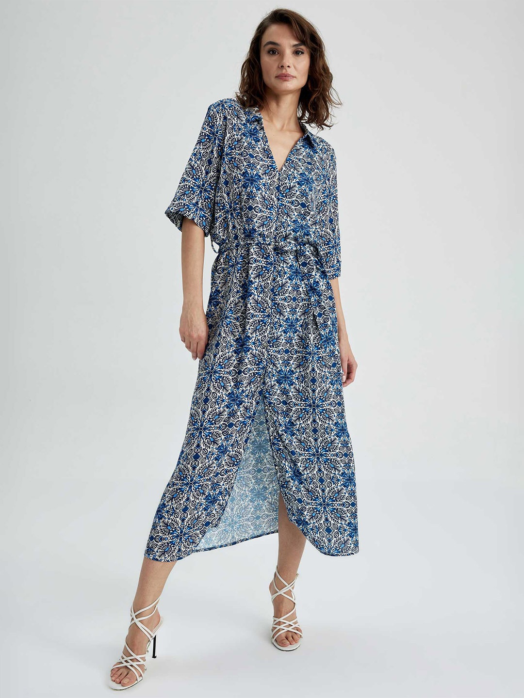

DeFacto Floral Printed Shirt Collar Waist Tie -Ups Slit Dress, White