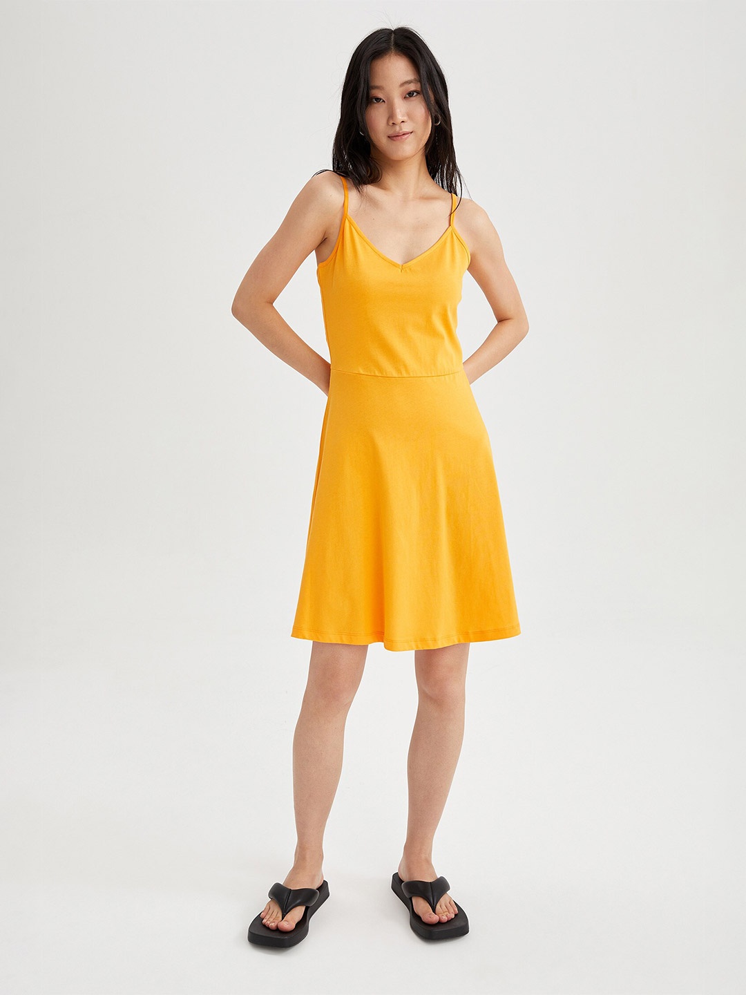 

DeFacto Shoulder Straps Knitted Pure Cotton A-Line Dress, Yellow