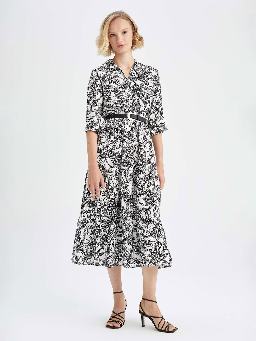 

DeFacto Floral Printed Shirt Collar Midi A -Line Dress With Belt, White