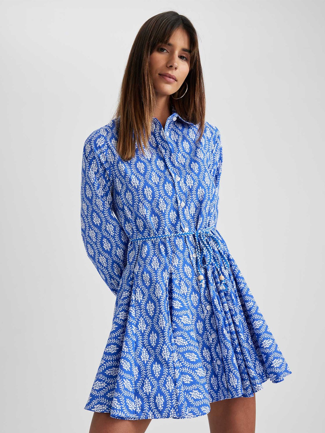 

DeFacto Floral Print Puff Sleeves Waist Tie -Ups Shirt Dress, Blue
