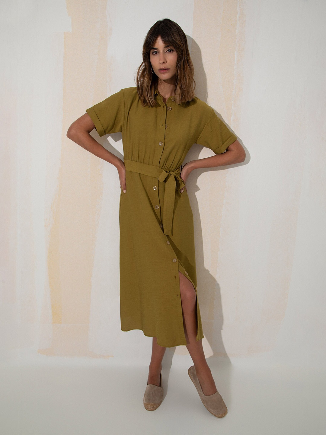 

DeFacto Belted Midi Shirt Dress, Olive
