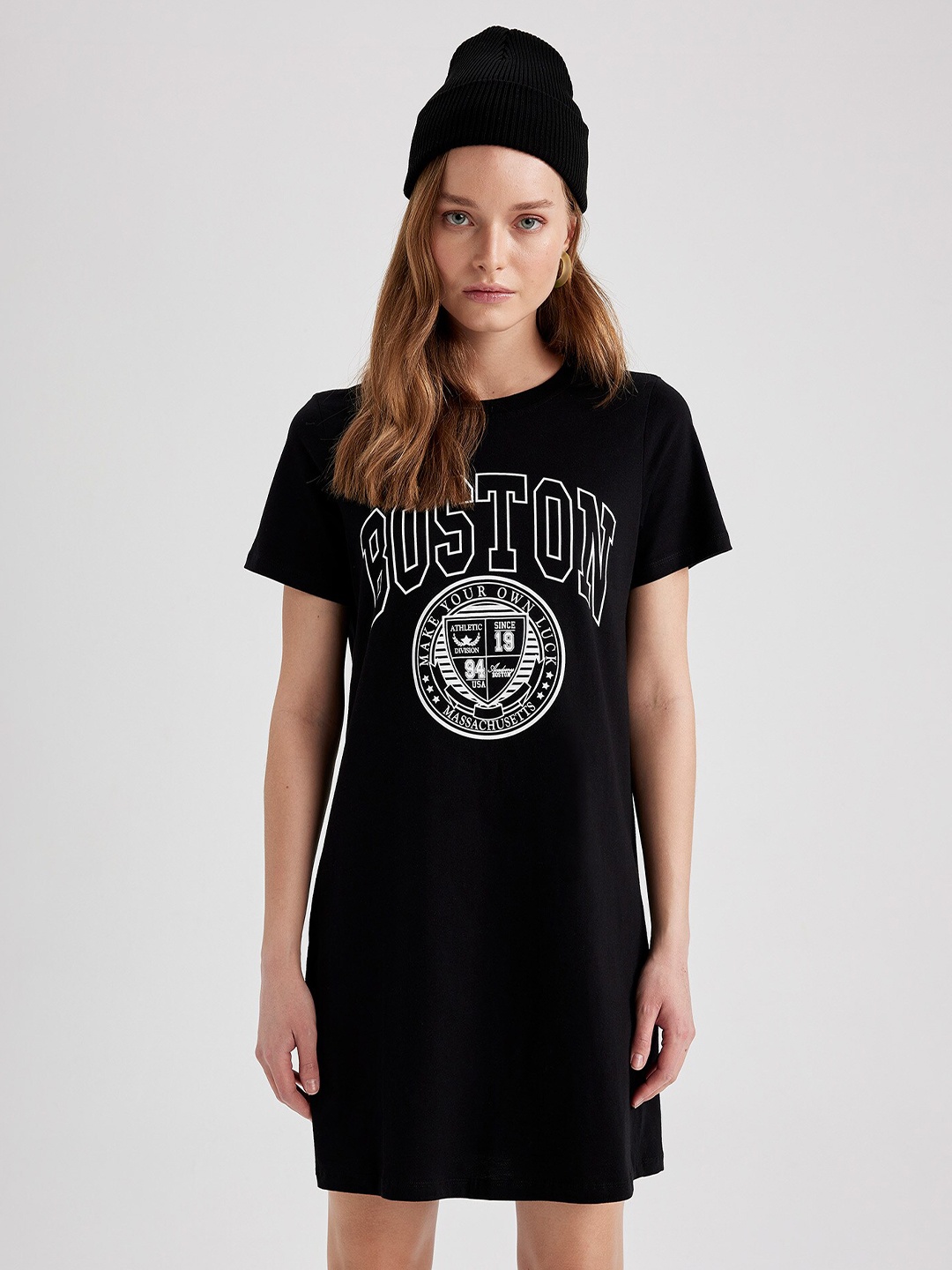

DeFacto Printed Pure Cotton Mini T-Shirt Dress, Black