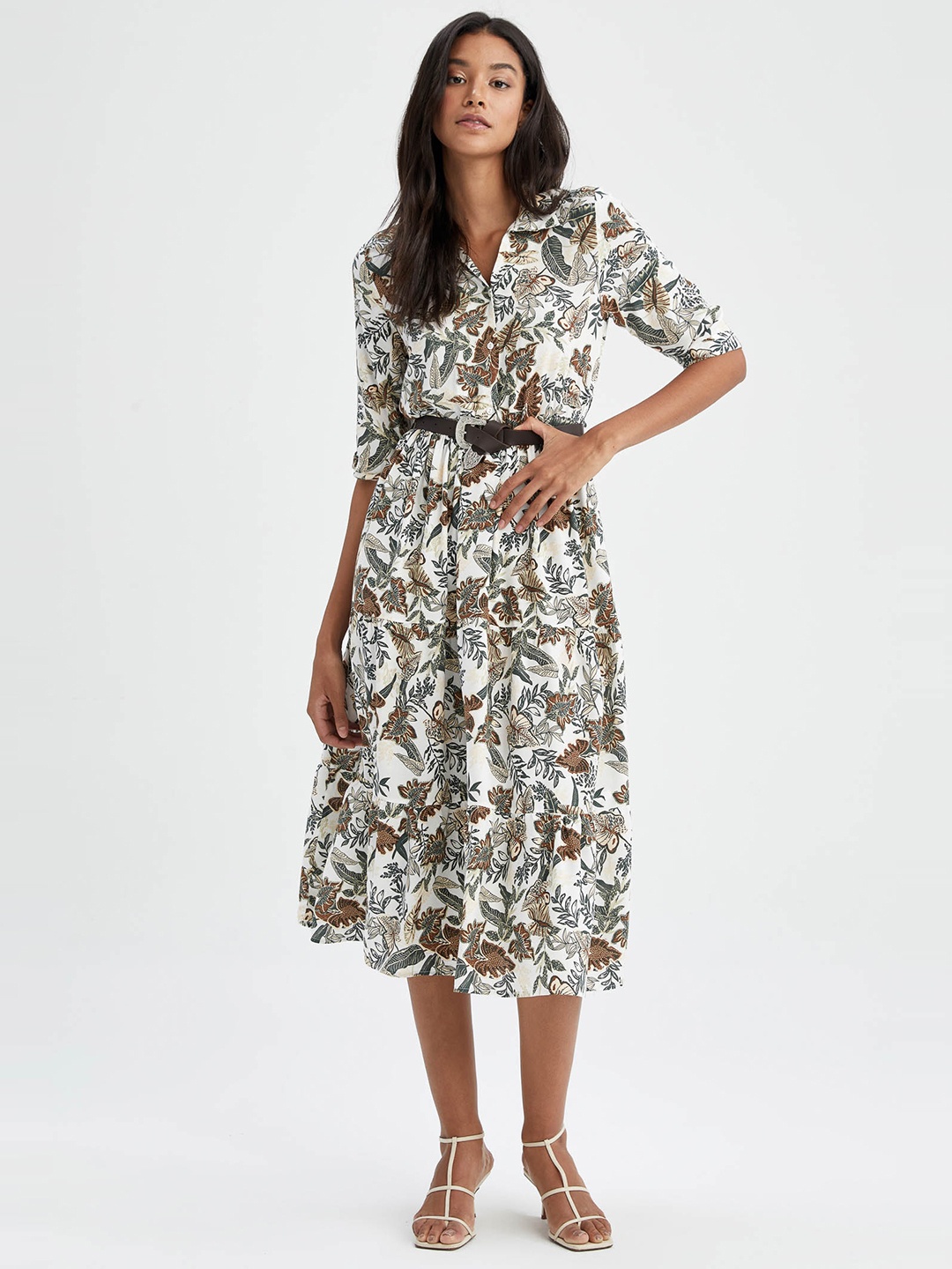 DeFacto Shirt Collar Printed Belted Dress, White
