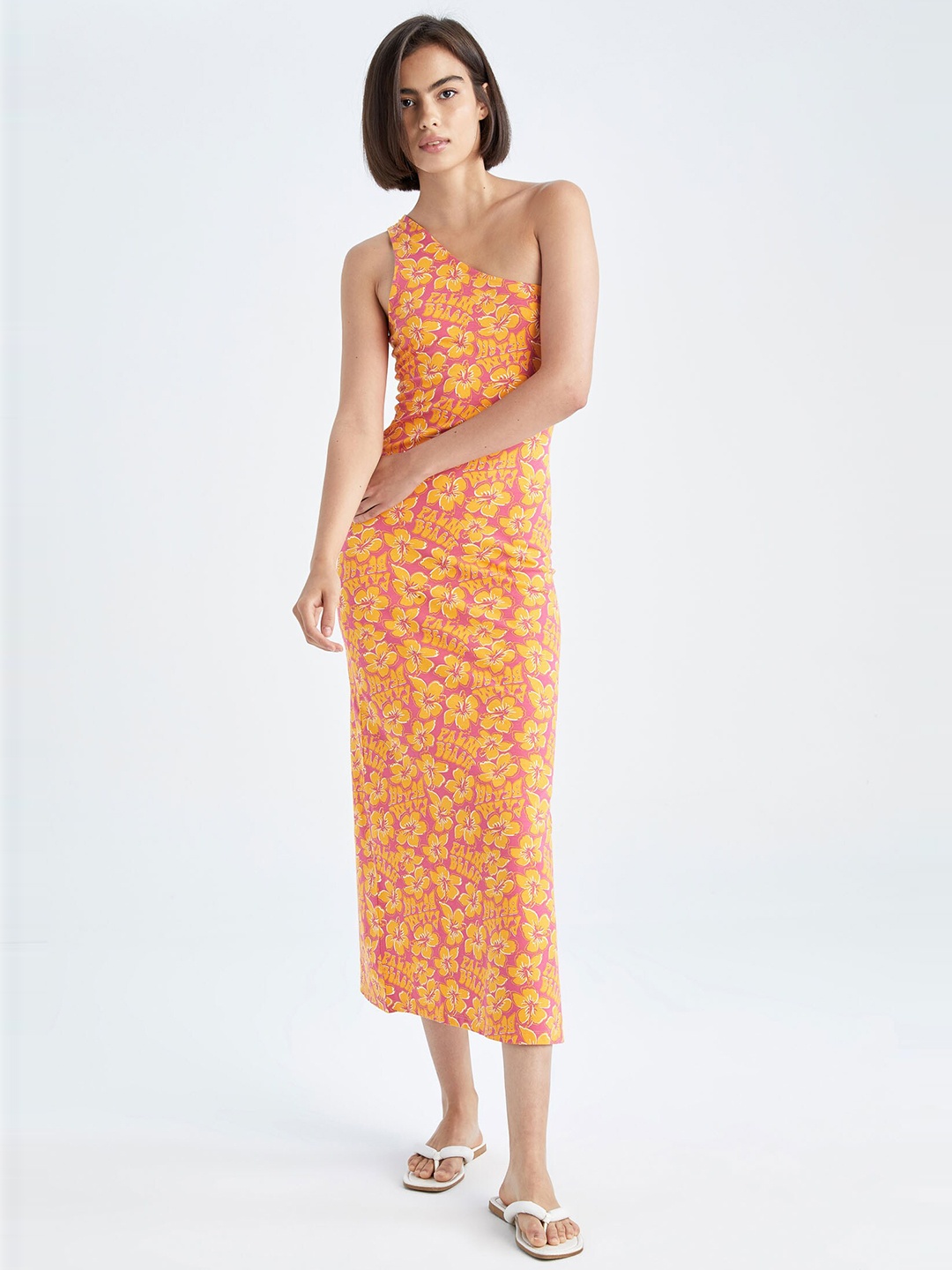 

DeFacto One Shoulder Floral Printed Dress, Orange
