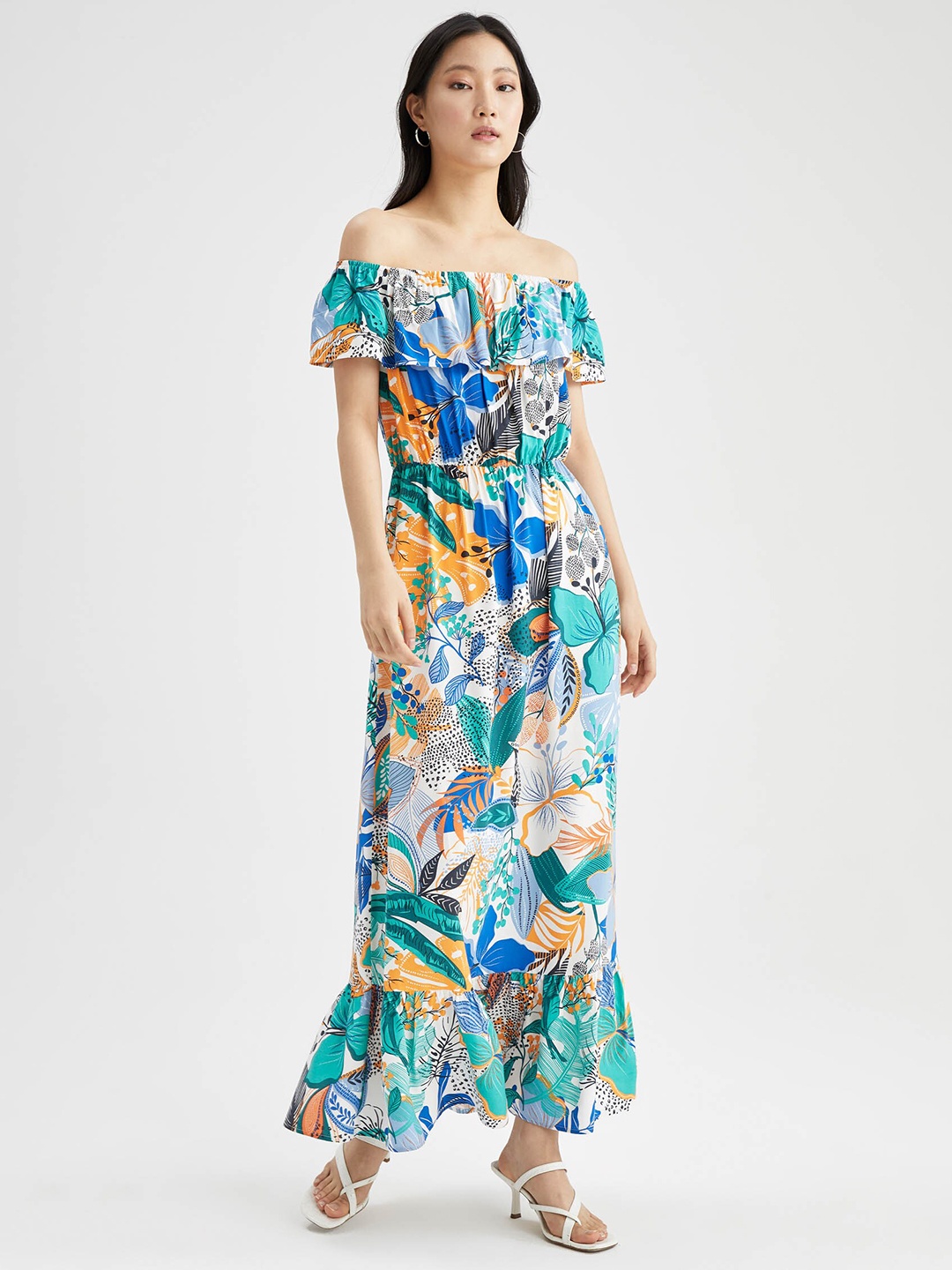 

DeFacto Tropical Printed Off Shoulder Maxi Dress, Off white