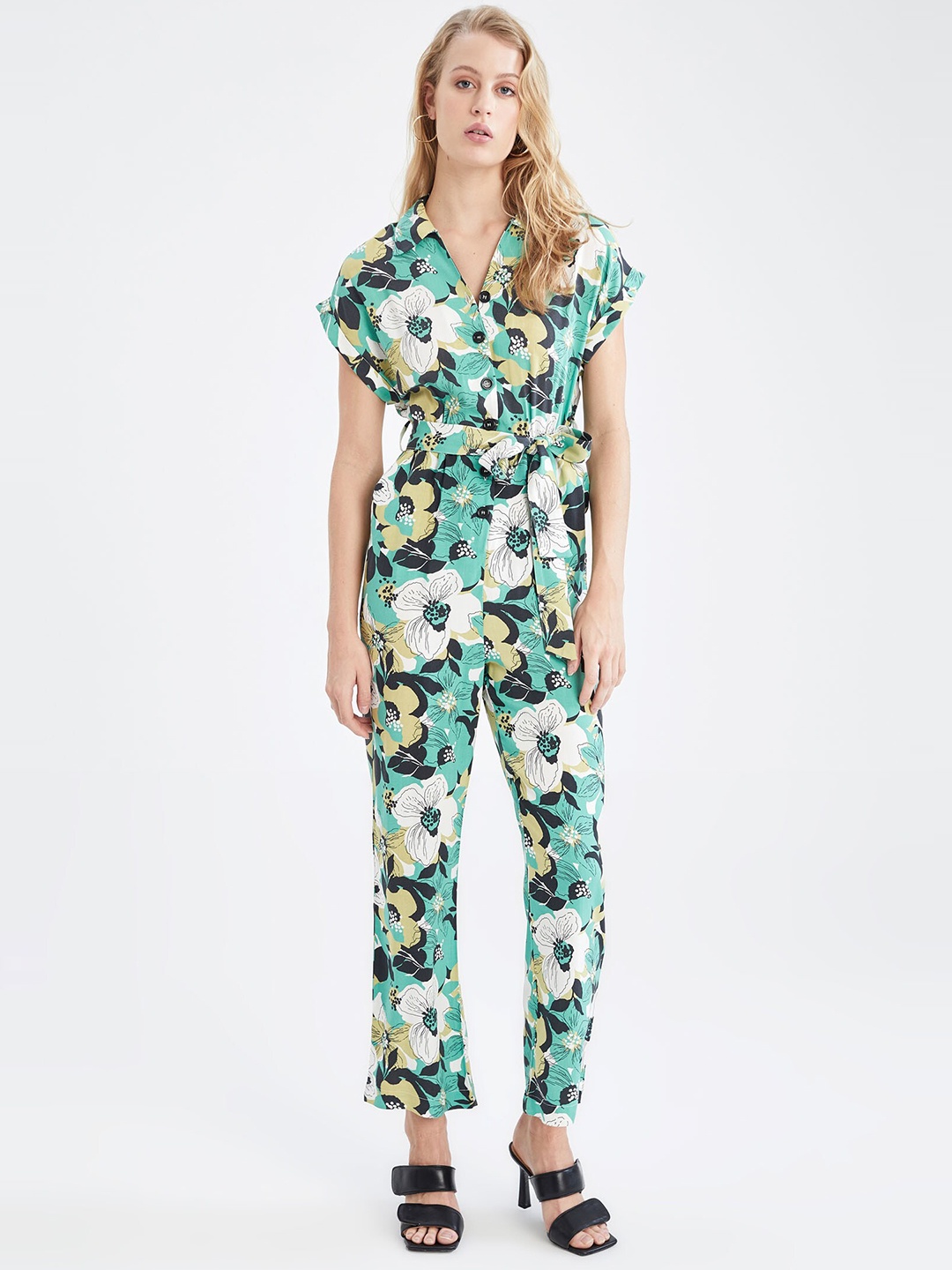 DeFacto Shirt Collar Printed Basic Jumpsuit, Green