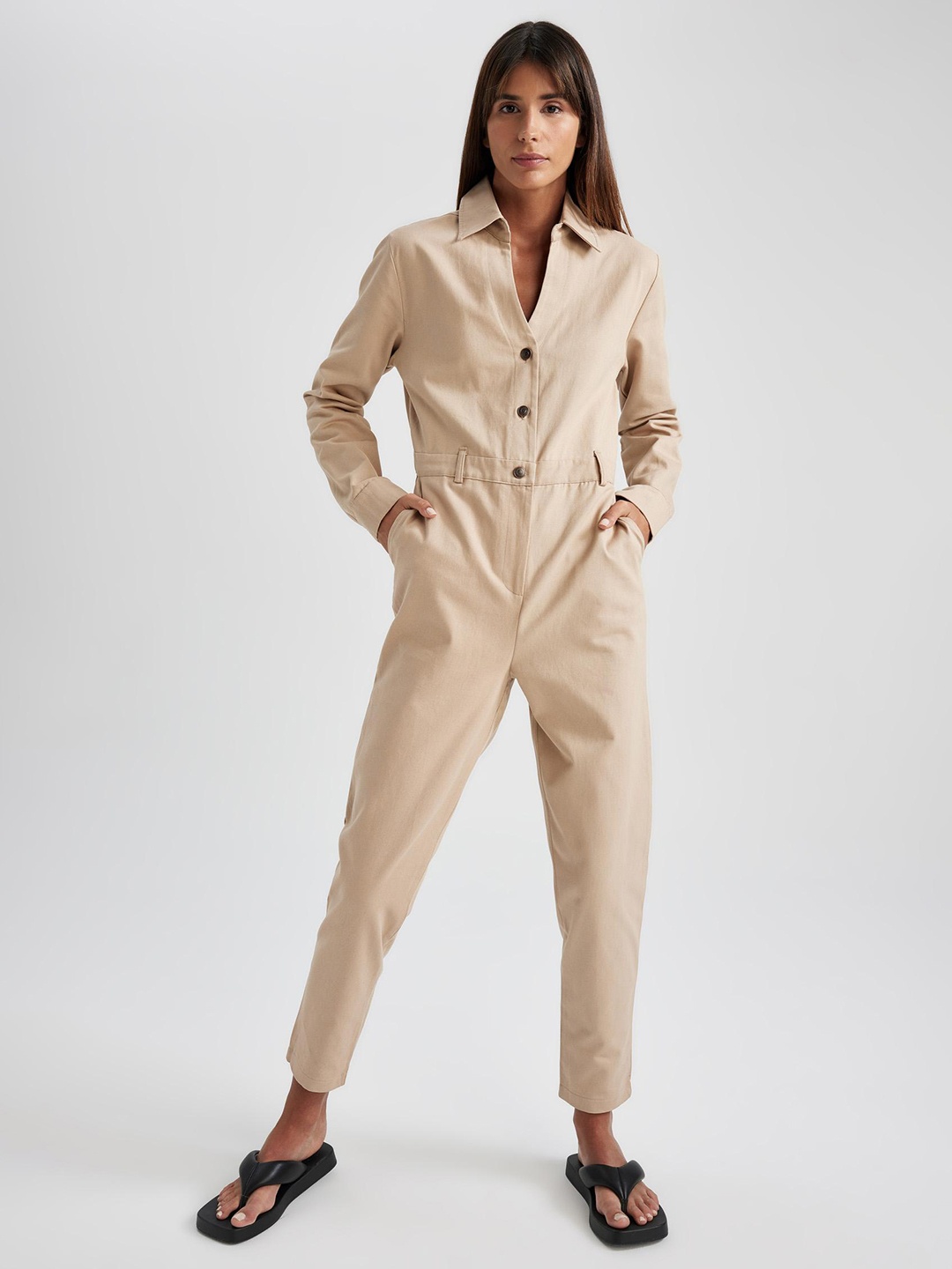 

DeFacto Shirt Collar Long Sleeves Cotton Basic Jumpsuit, Beige