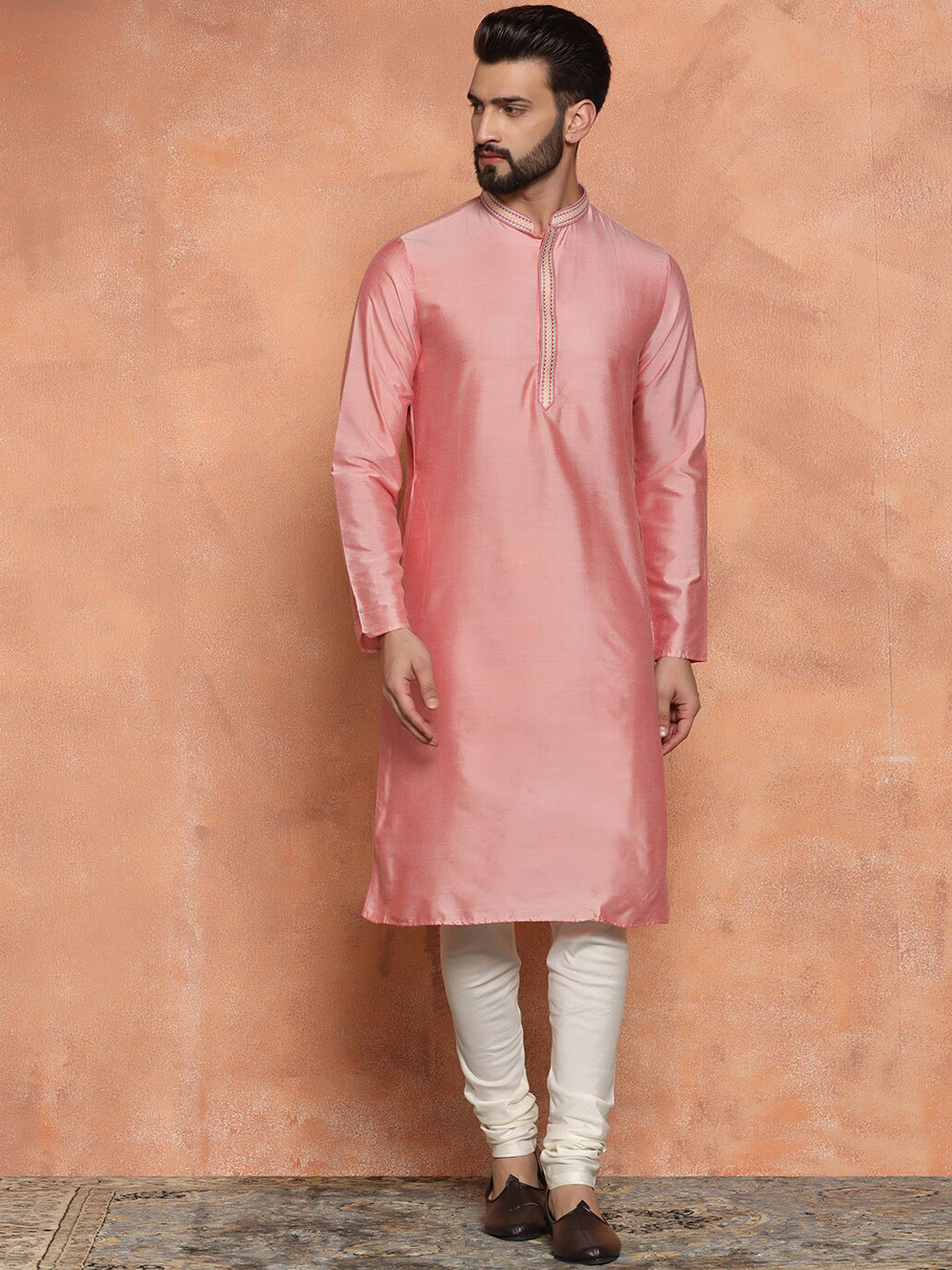 

KISAH Mandarin Collar Thread Work Pure Cotton Kurta With Churidar, Pink