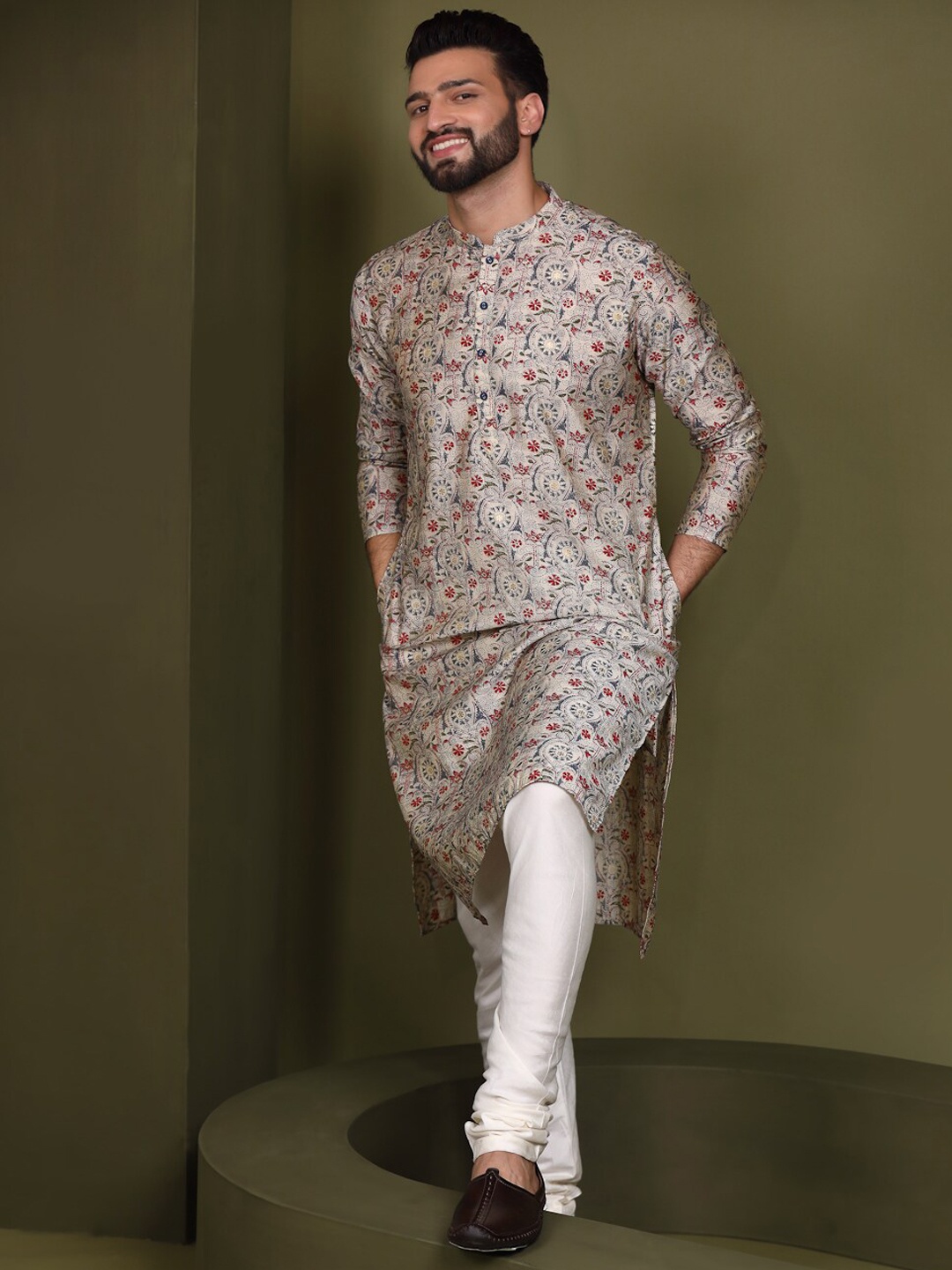 KISAH Mandarin Collar Ethnic Motifs Printed Straight Kurta with Churidar, Beige