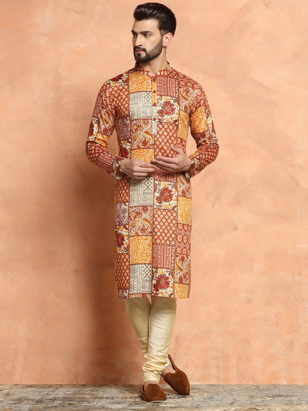 KISAH Mandarin Collar Ethnic Motifs Printed Straight Kurta with Churidar, Orange
