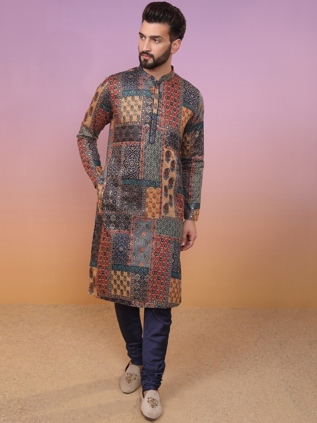 

KISAH Men Abstract Printed Regular Fit Kurta Churidar Set, Beige