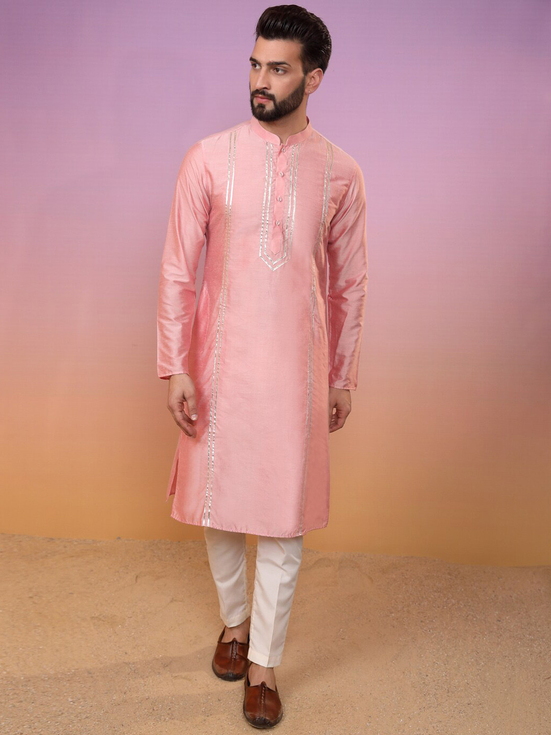 

KISAH Men Striped Mandarin Collar Pure Cotton Gotta Paati Embellished Kurta & Trousers Set, Pink