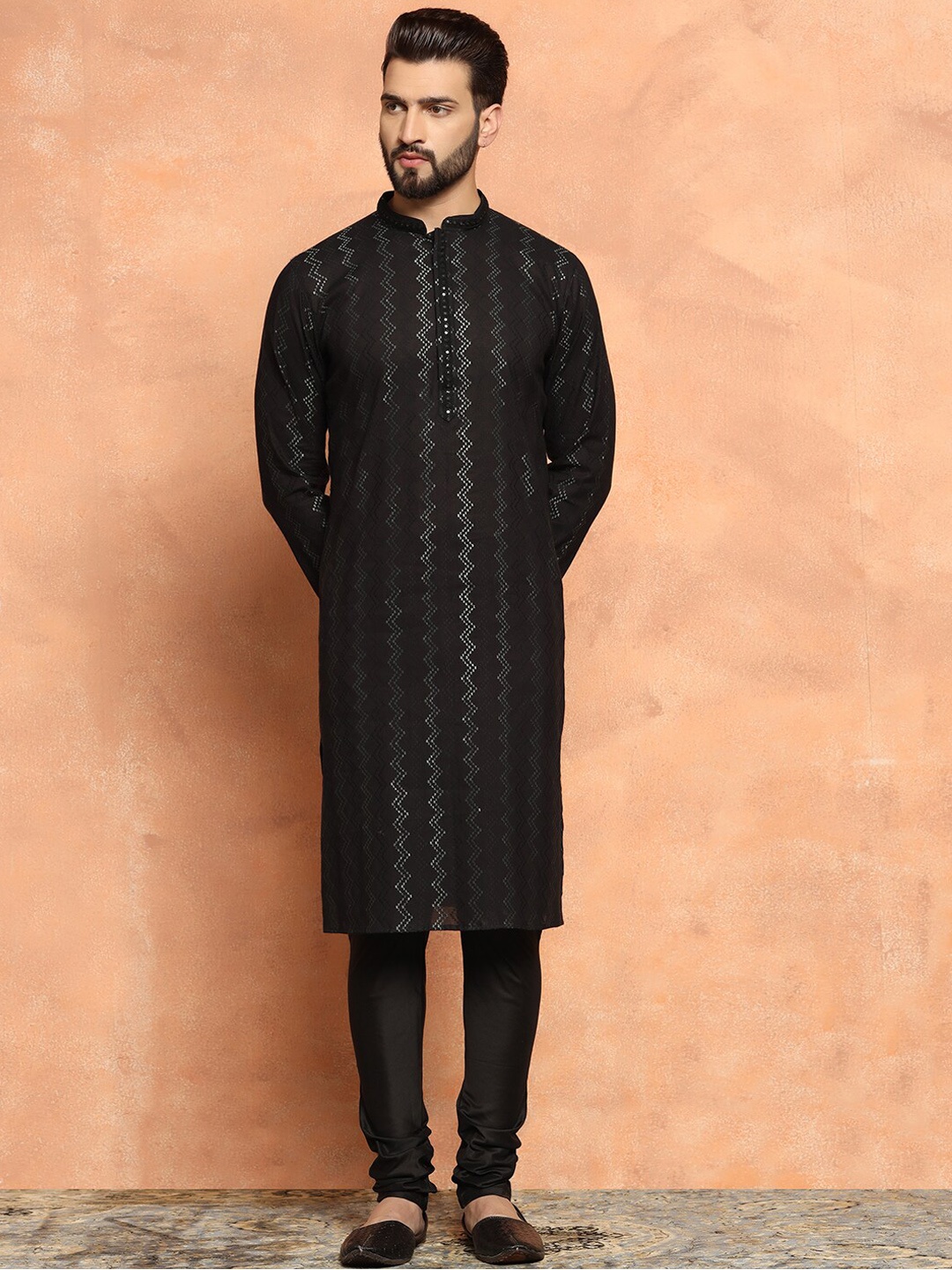 

KISAH Chevron Embroidered Straight Pure Cotton Kurta with Churidar, Black