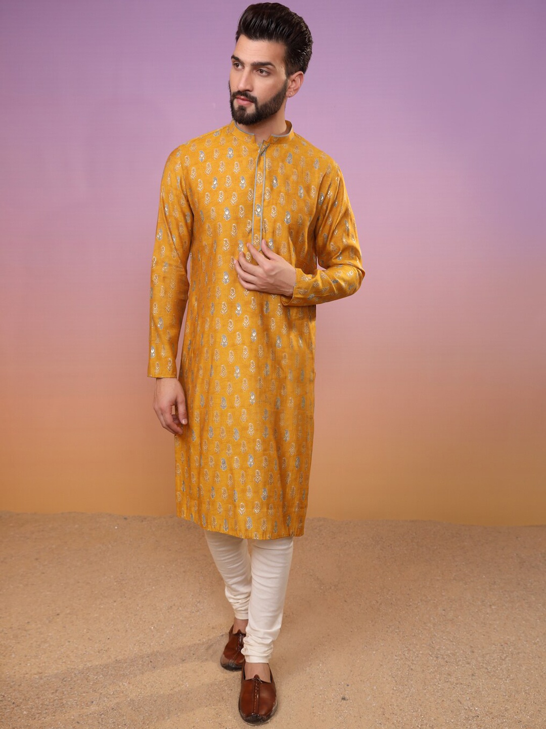 

KISAH Paisley Printed Mandarin Collar Kurta With Churidar, Mustard