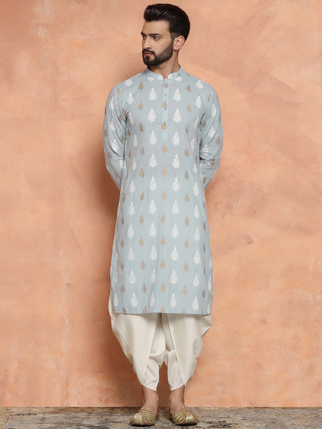

KISAH Ethnic Motifs Printed Pure Cotton Kurta with Dhoti Pants, Sea green