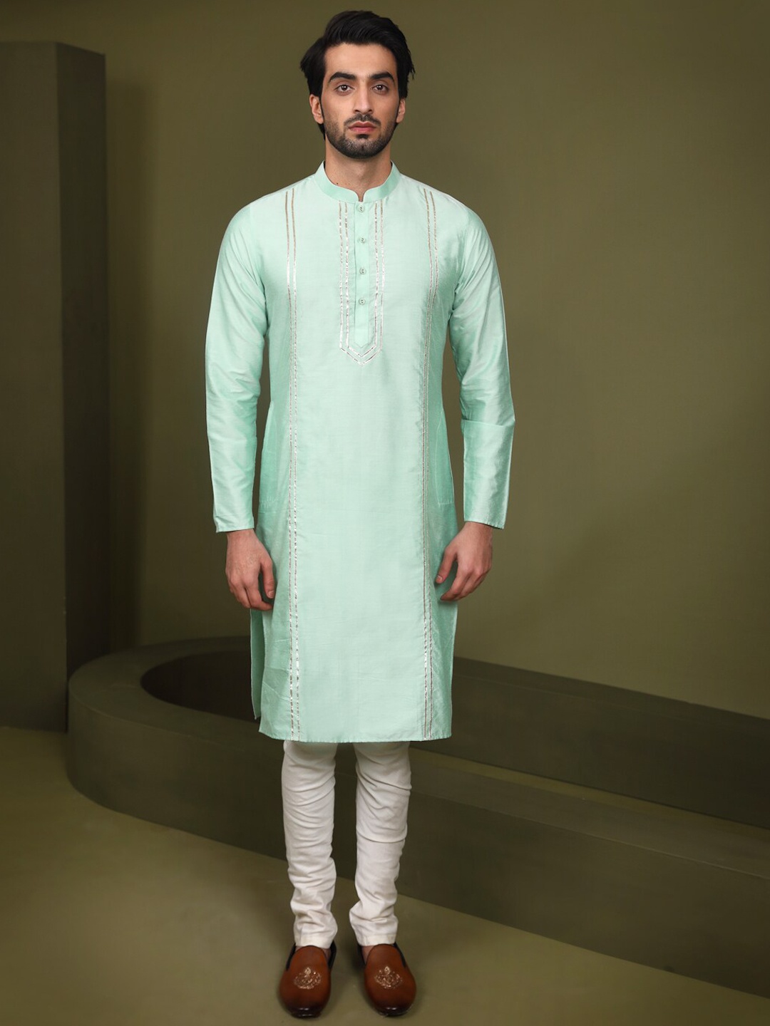 

KISAH Mandarin Collar Gotta Patti Pure Cotton Kurta With Churidar, Sea green