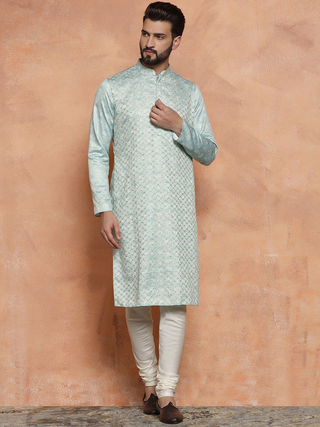 

KISAH Mandarin Collar Floral Printed Sequinned Kurta with Churidar, Green