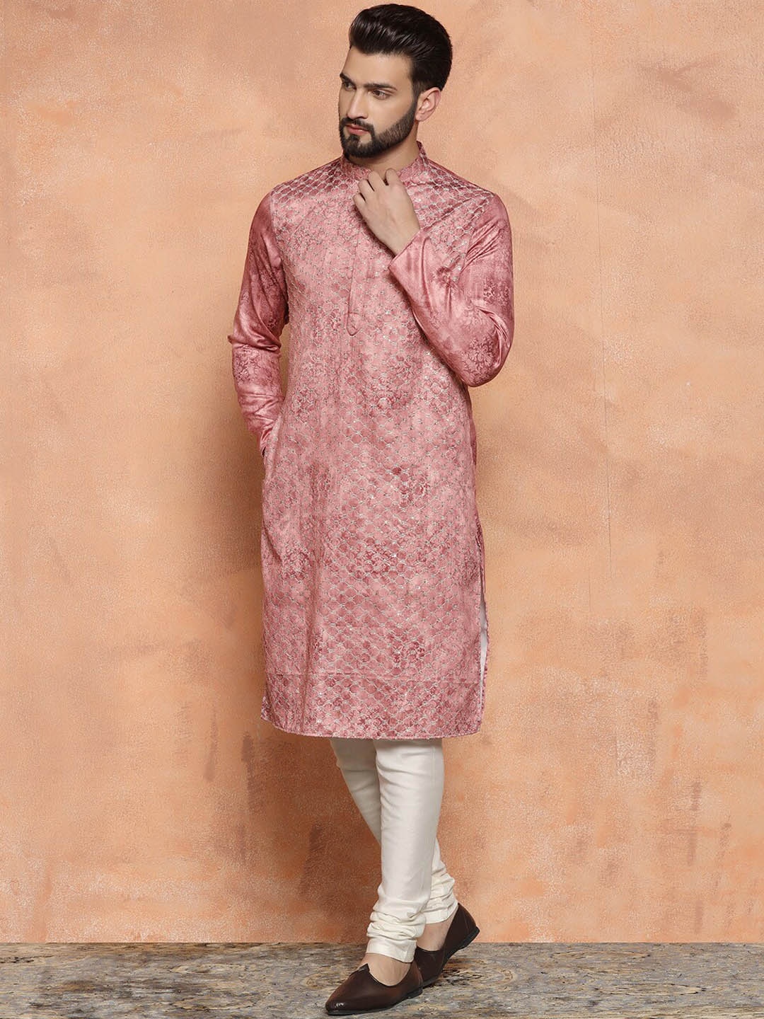

KISAH Ethnic Motif Embroidered Mandarin Collar Sequinned Kurta With Churidar, Pink