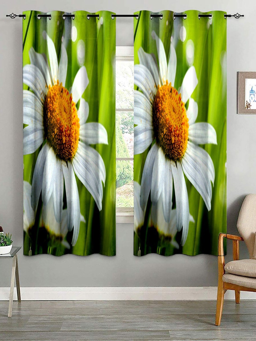 

Bajo's Green & White 2 Pieces Floral Door Curtains