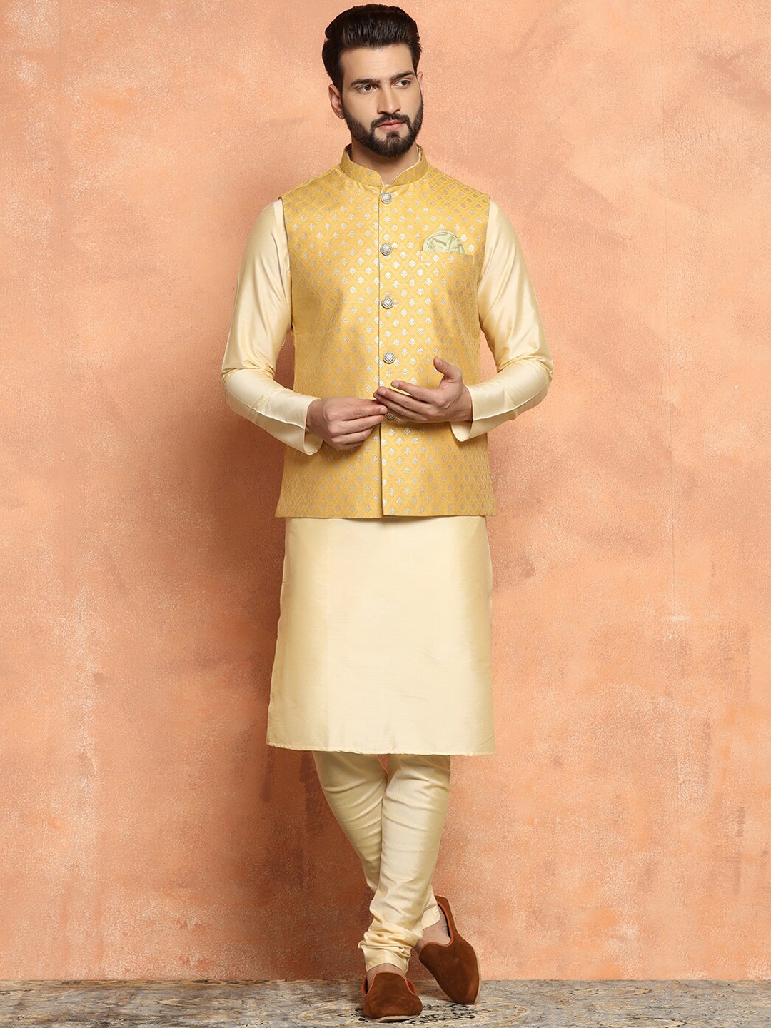 

KISAH Mandarin Collar Kurta With Churidar & Nehru Jacket, Mustard