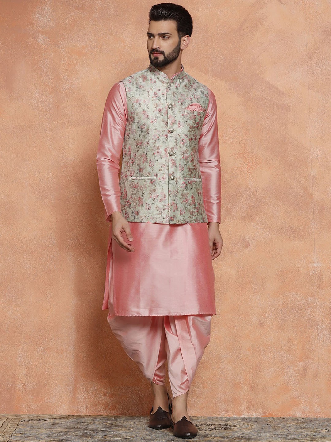 

KISAH Mandarin Collar Straight Kurta with Dhoti Pants & Nehru Jacket, Pink
