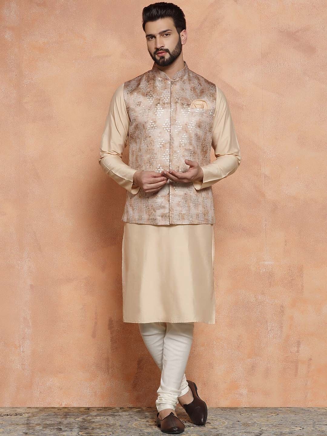 KISAH Mandarin Collar Straight Kurta with Churidar & Nehru Jacket, Beige