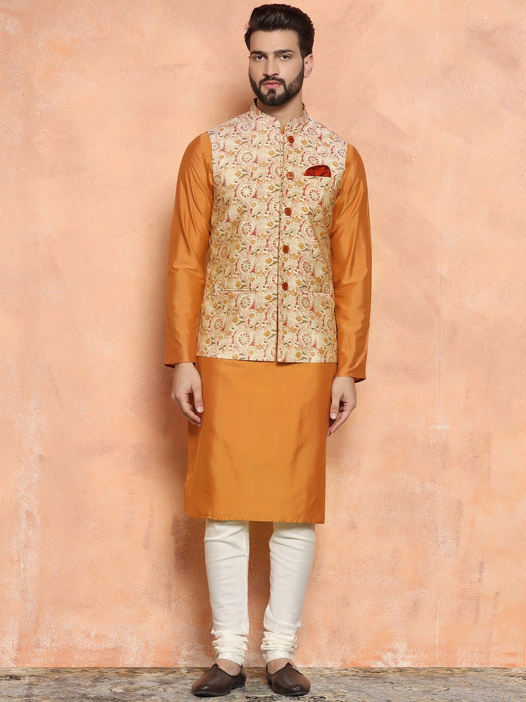 

KISAH Men Kantha Printed Regular Fit Kurta Jacket Churidar Set, Orange