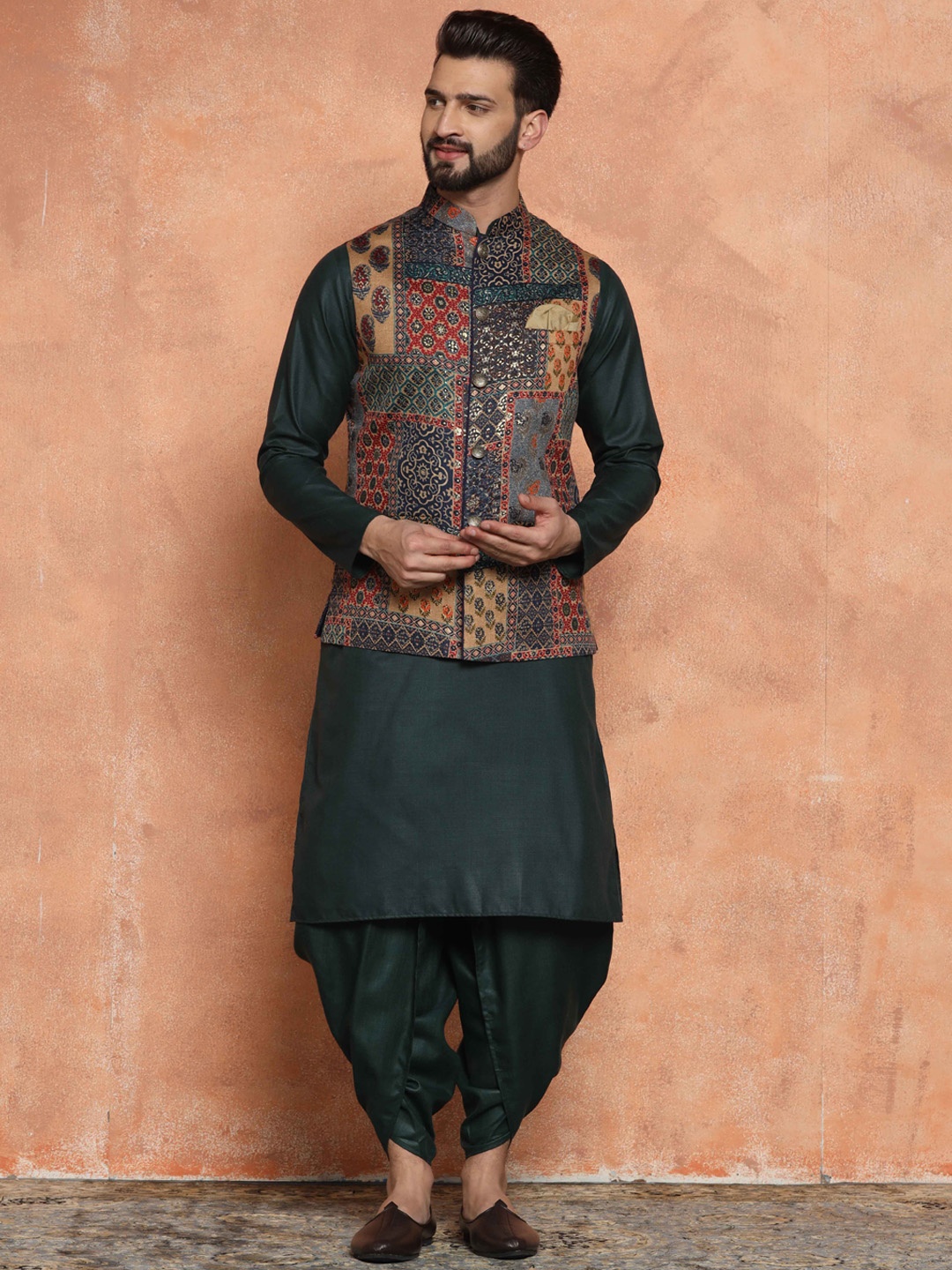 KISAH Men Abstract Printed Regular Fit Kurta Jacket Dhoti Set, Green