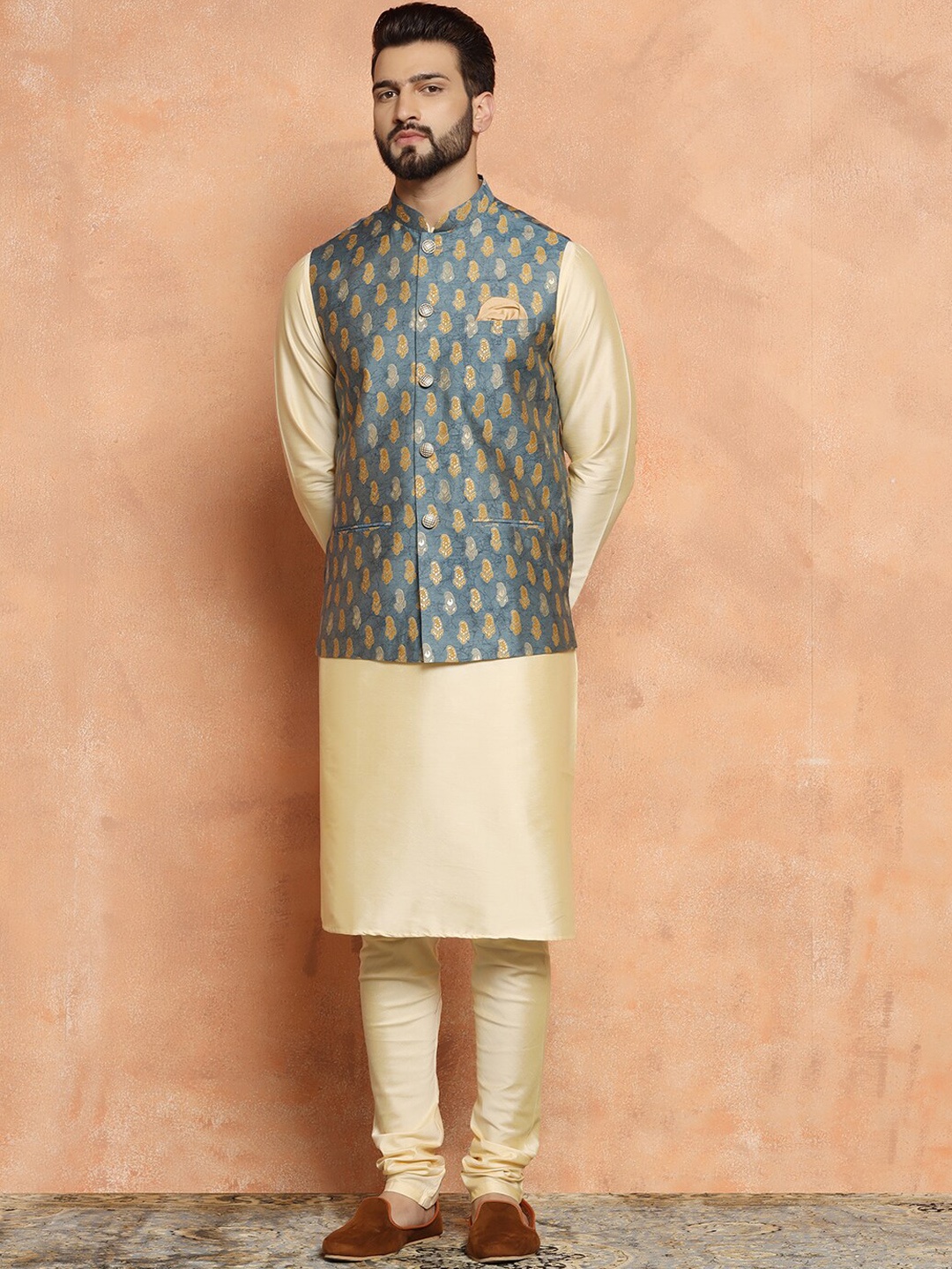 KISAH Mandarin Collar Straight Kurta with Churidar & Nehru Jacket, Beige