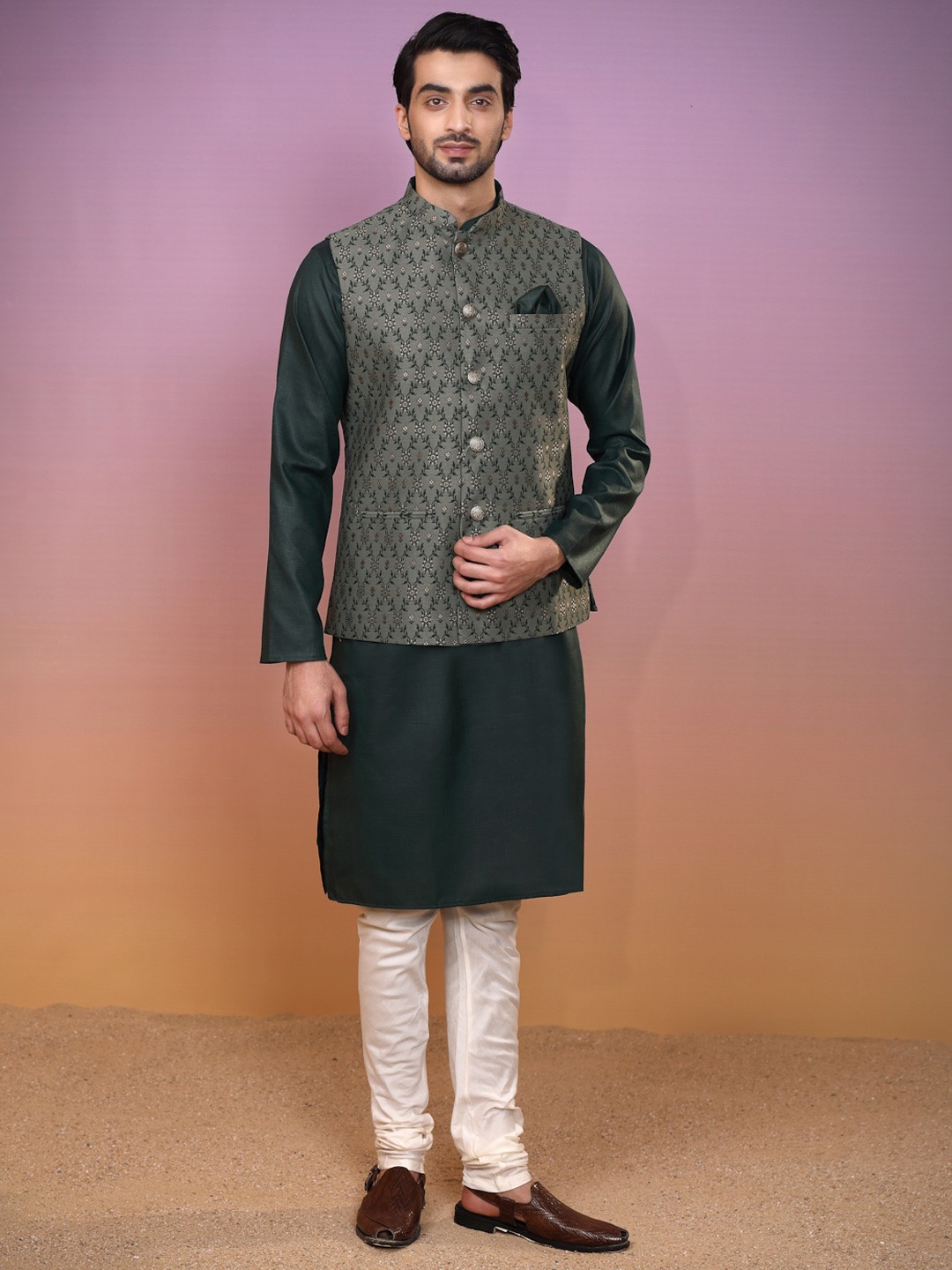 KISAH Mandarin Collar Straight Kurta With Churidar & Nehru Jacket, Green