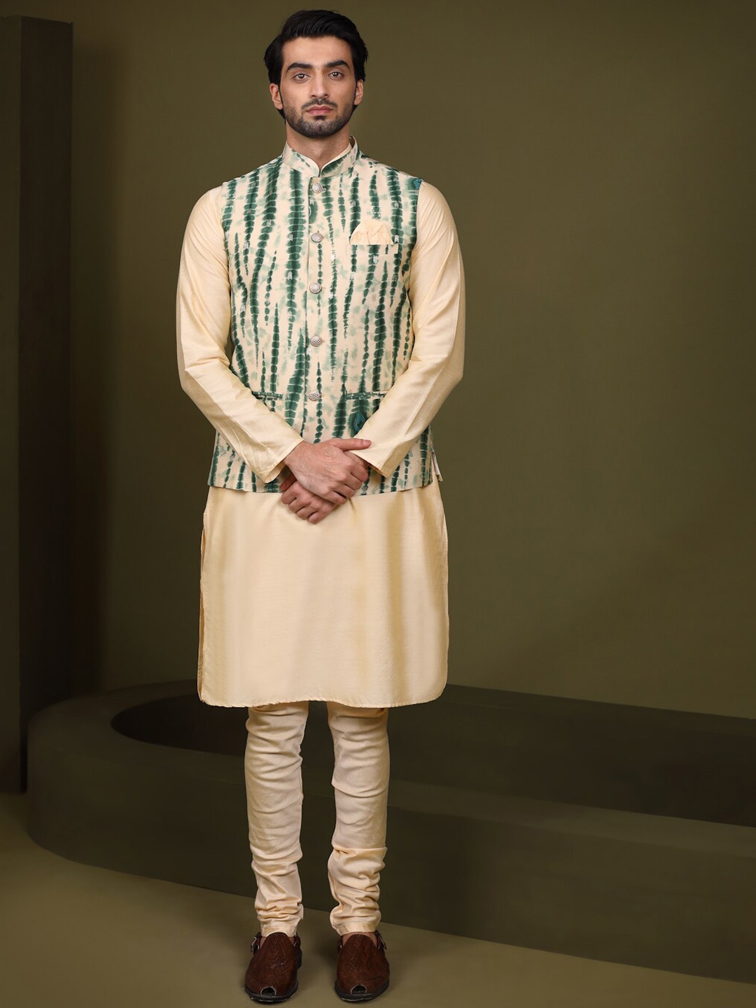KISAH Mandarin Collar Straight Kurta with Churidar & Nehru Jacket Set, Beige