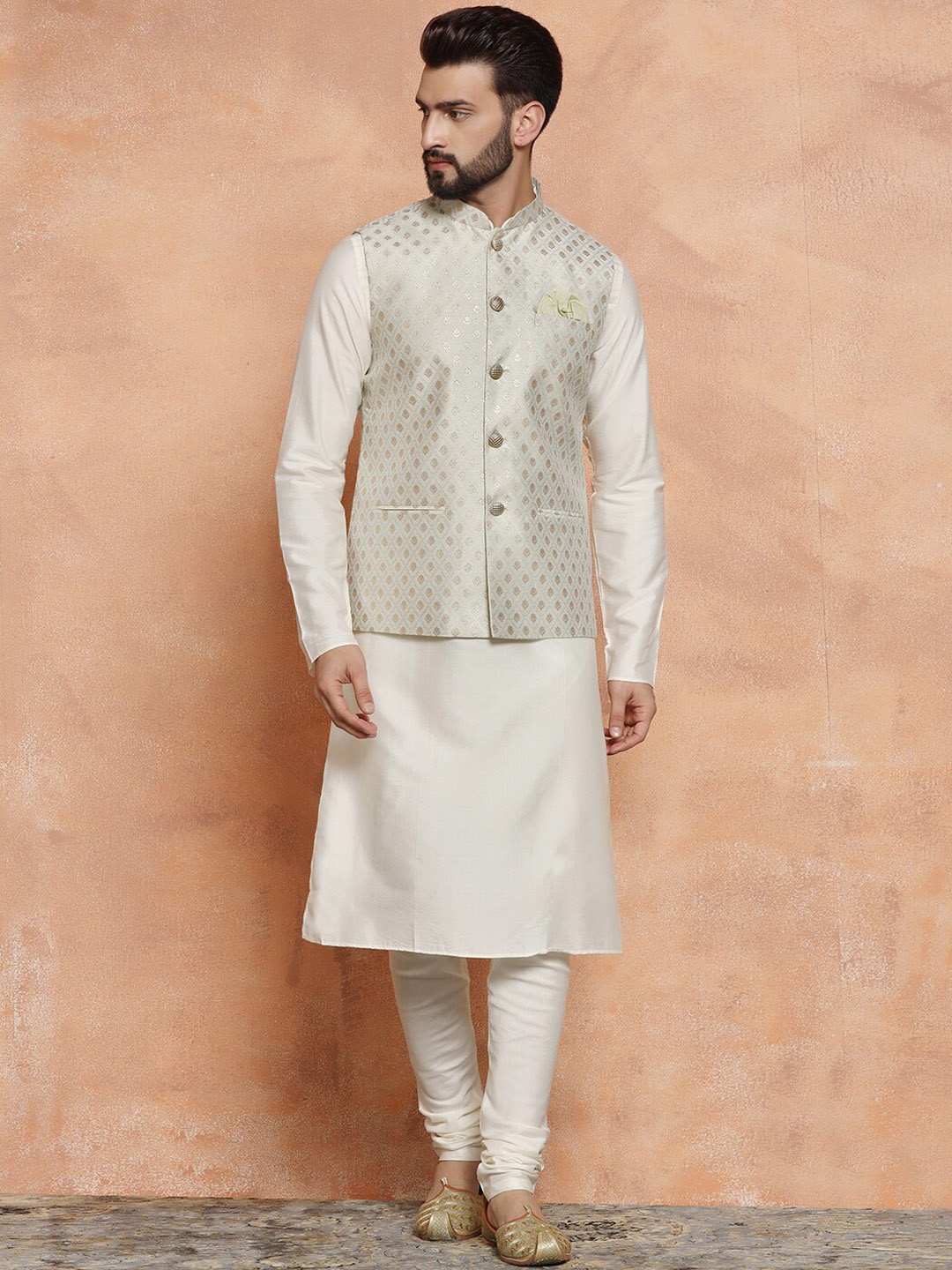 KISAH Mandarin Collar Straight Kurta with Churidar & Nehru Jacket, White