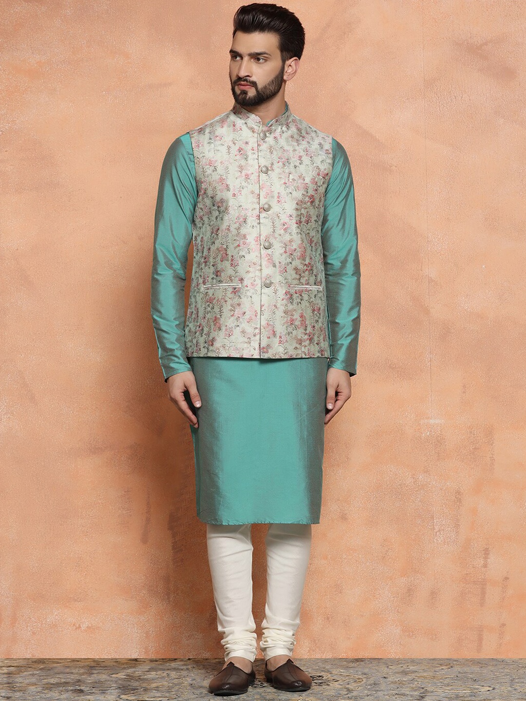 

KISAH Mandarin Collar Straight Kurta with Churidar & Nehru Jacket, Teal