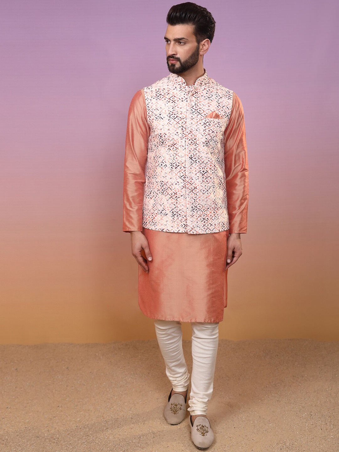 

KISAH Mandarin Collar Straight Kurta With Churidar & Nehru Jacket, Peach