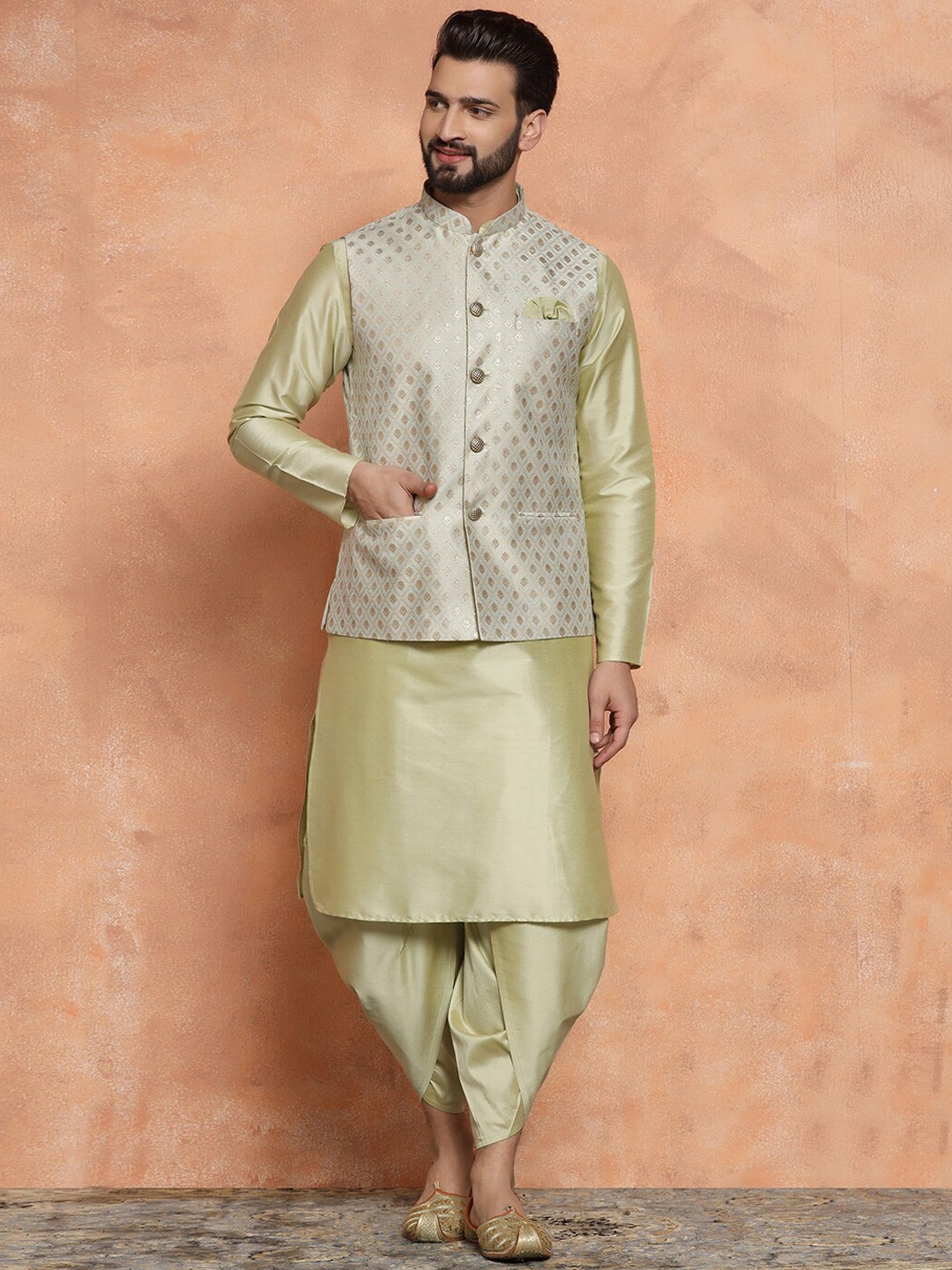 

KISAH Mandarin Collar Straight Kurta with Dhoti Pants & Nehru Jacket, Green
