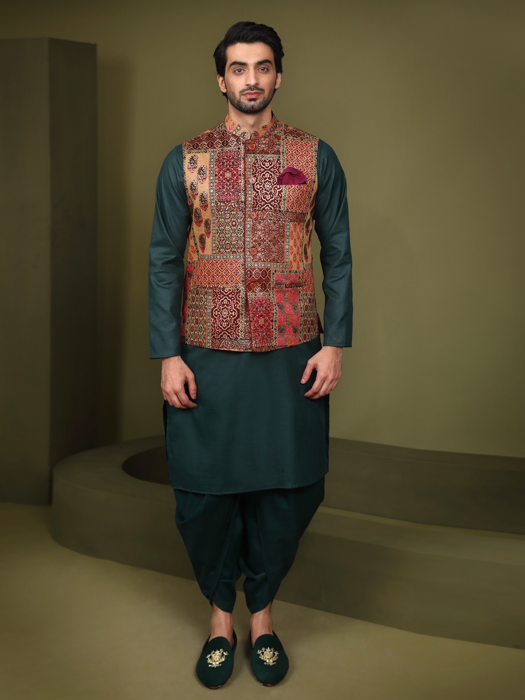 

KISAH Mandarin Collar Kurta With Dhoti Pants & Nehru Jacket, Teal