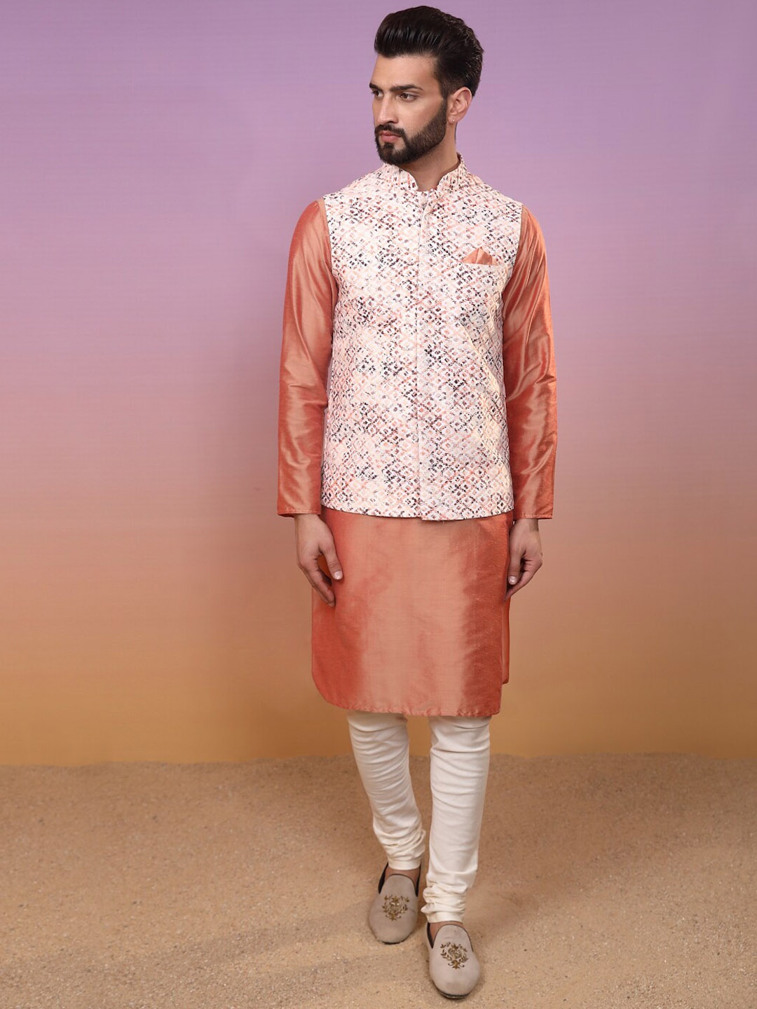 

KISAH Mandarin Collar Kurta With Churidar & Nehru Jacket, Coral