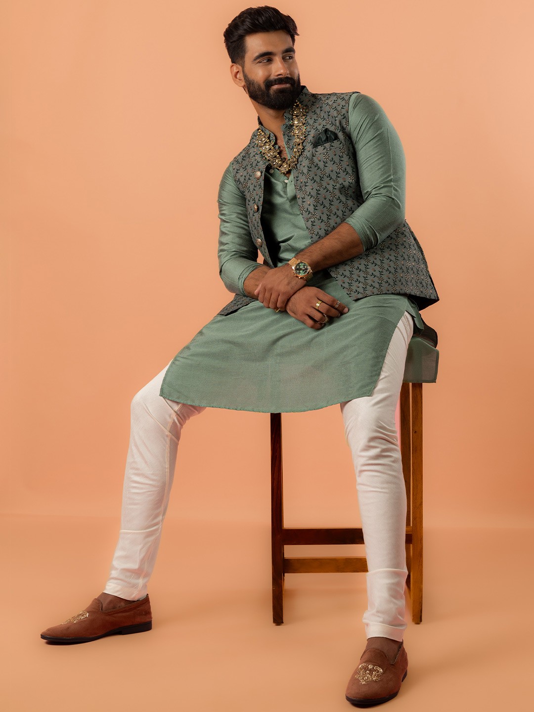 

KISAH Men Self ed Regular Fit Self Kurta Jacket Churidar Set, Green