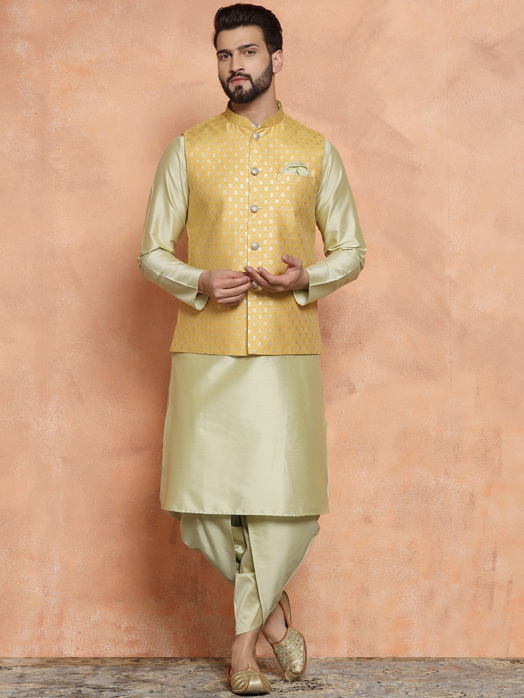 

KISAH Mandarin Collar Straight Kurta with Dhoti Pants & Nehru Jacket, Green