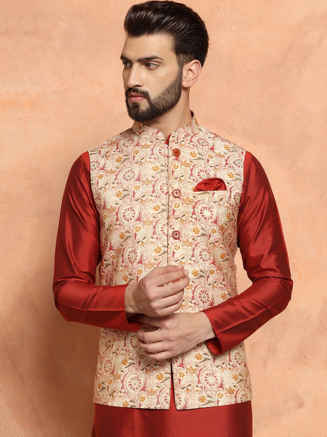 

KISAH Mandarin Collar Straight Kurta with Churidar & Nehru Jacket, Red