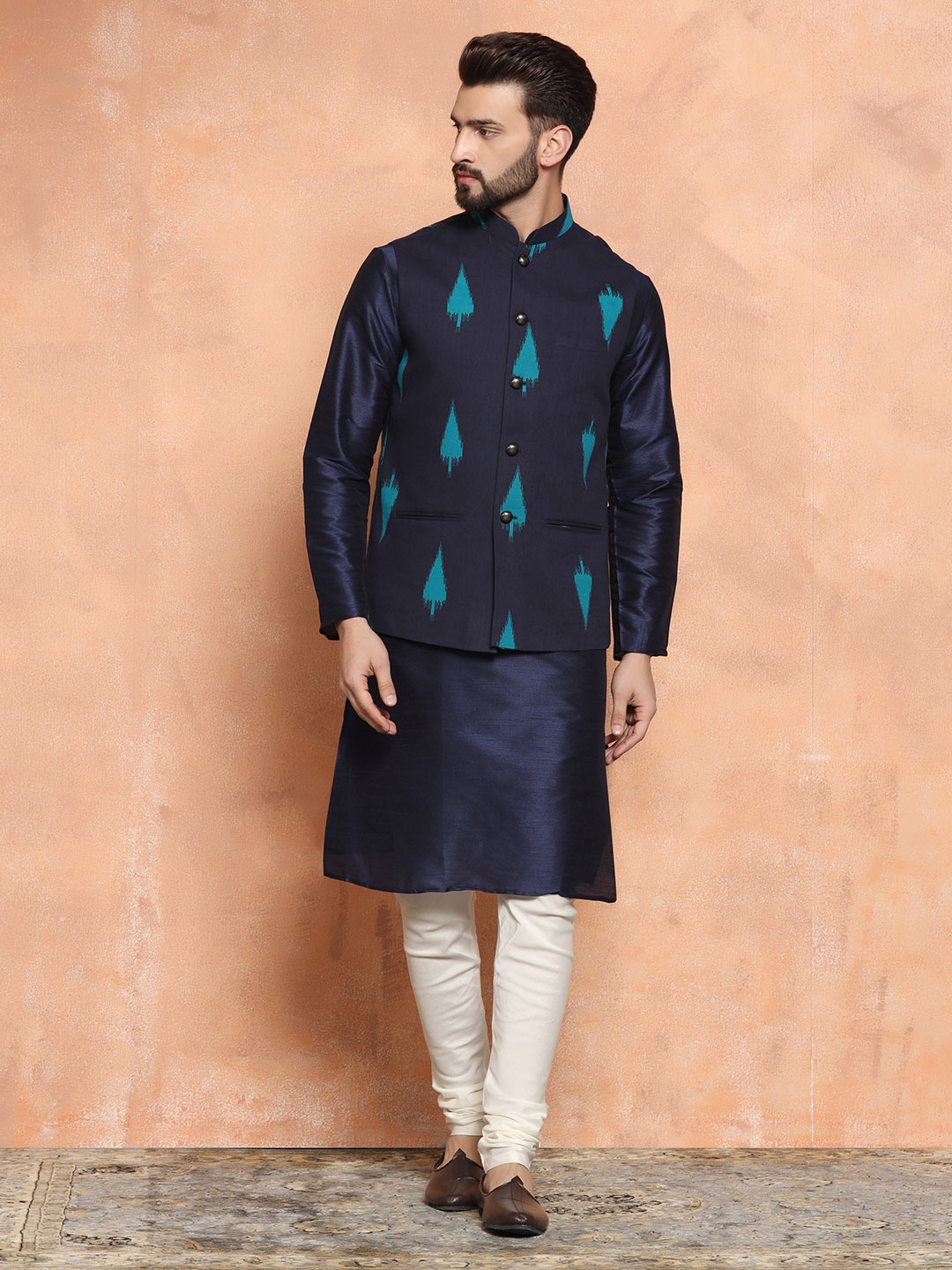 

KISAH Mandarin Collar Straight Kurta With Churidar & Nehru Jacket, Navy blue