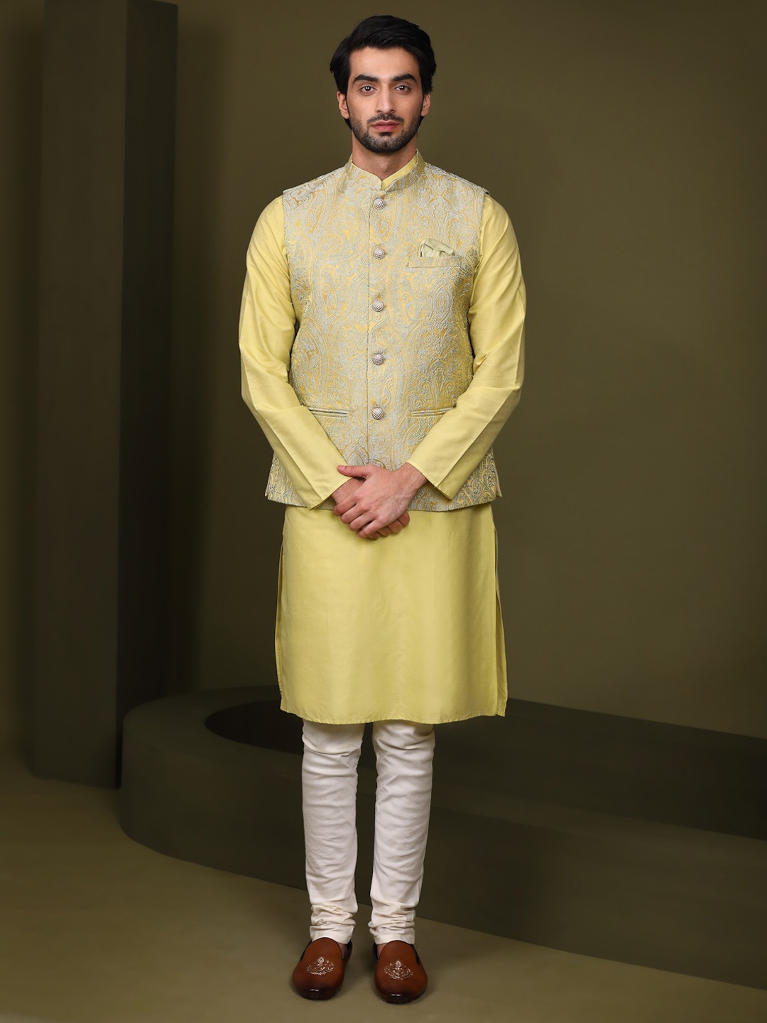 KISAH Mandarin Collar Kurta with Churidar & Nehru Jacket, Lime green
