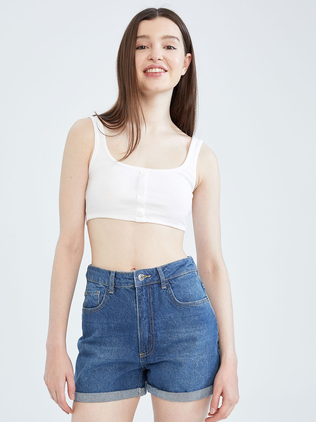 

DeFacto Women High-Rise Pure Cotton Denim Shorts, Blue