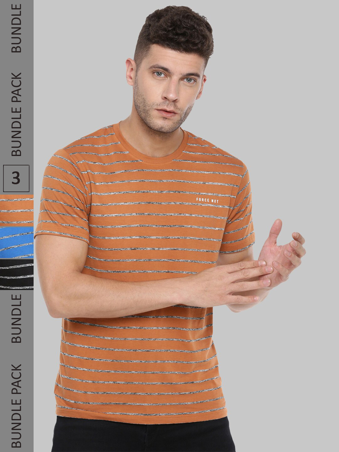 

Force NXT Pack Of 3 Striped Casual Cotton T-shirts, Camel brown