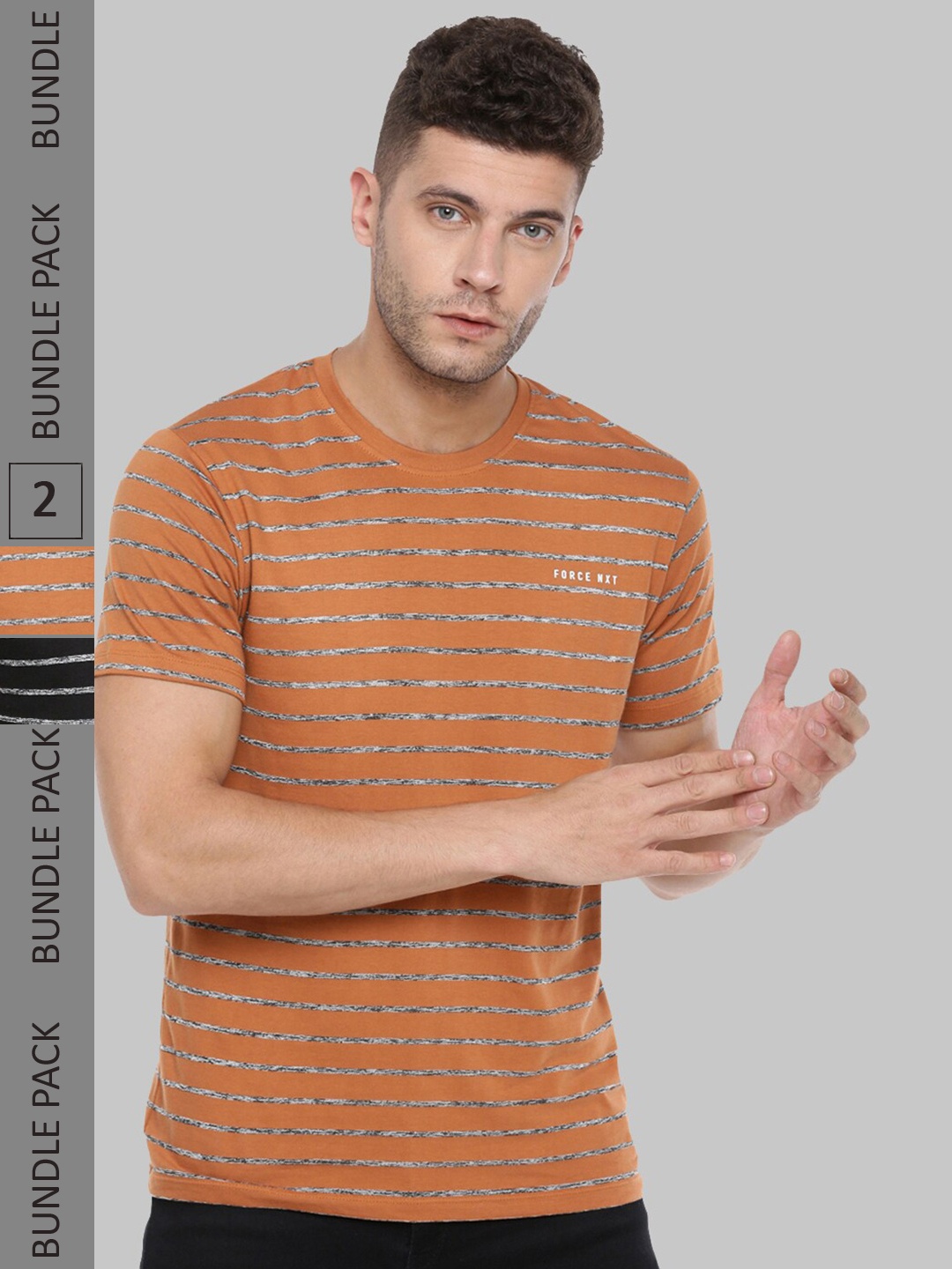 

Force NXT Pack of 2 Striped Round Neck Cotton T-shirt, Camel brown