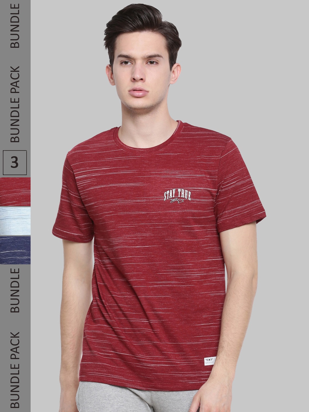 

Force NXT Pack Of 3 Striped Round Neck Cotton T-shirt, Maroon